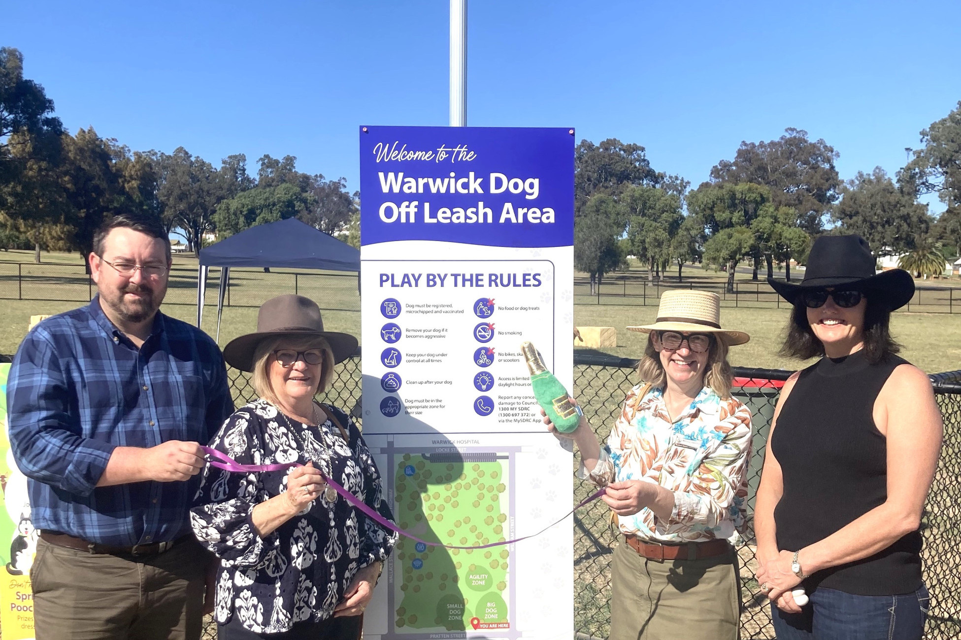 Proving their furry support of the new off-leash dog area in Warwick was Southern Downs Regional Mayor, Melissa Hamilton (second from right), with Councillors (from left) Joel Richters, Sheryl Windle and Cynthia McDonald.