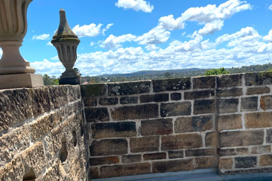 Engineers have found alarming corrosion at the base of the balustrade on the Warwick Town Hall tower. Photo: Olivotto Consulting.