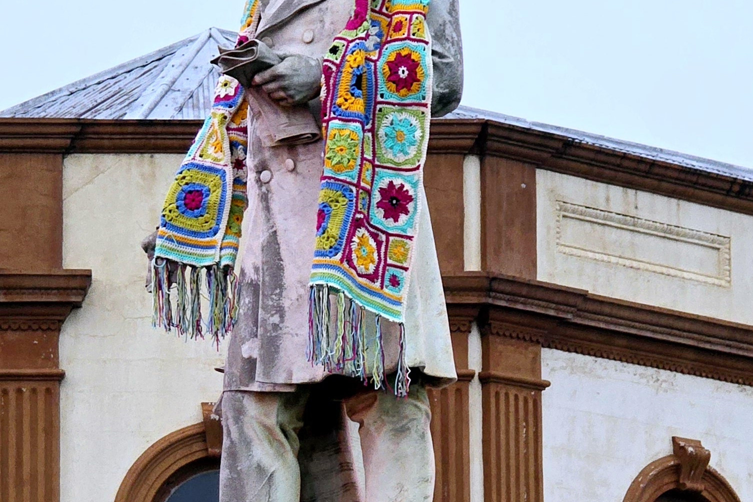 The T.J. Byrnes Monument, erected in Warwick in 1902 to honour the former Premier of Queensland and MLA for Warwick, has colourful additions in preparation for JJJ this month. Photos Warwick Art Gallery.