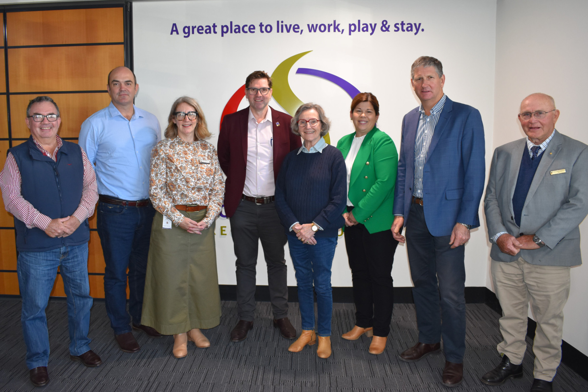 In our region last week with Mayor Hamilton (third from left) was (from left) Mayor Andrew Smith of the Western Downs Regional Council, Mayor Ben Hall from Quilpie Shire Council, Mayor Geoff McDonald of Toowoomba Regional Council, Mayor Suzette Beresford of the Paroo Shire Council, Mayor Samantha O’Toole from Balonne Shire Council, Mayor Lawrence Springborg of the Goondiwindi Regional Council, and Mayor John Ferguson from Bulloo Shire Council. Image supplied by SDRC.