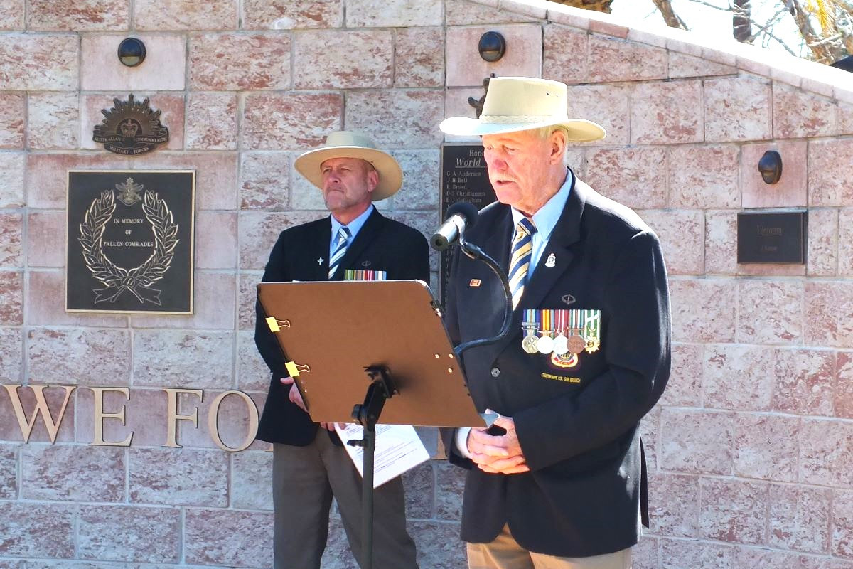 Norm Steele as the guest speaker at Vietnam Veterans' Day, pictured with Acting President of the Stanthorpe RSL Sub-Branch, Glen Gibson at the Weeroona Park Vietnam Veterans' Memorial Service.