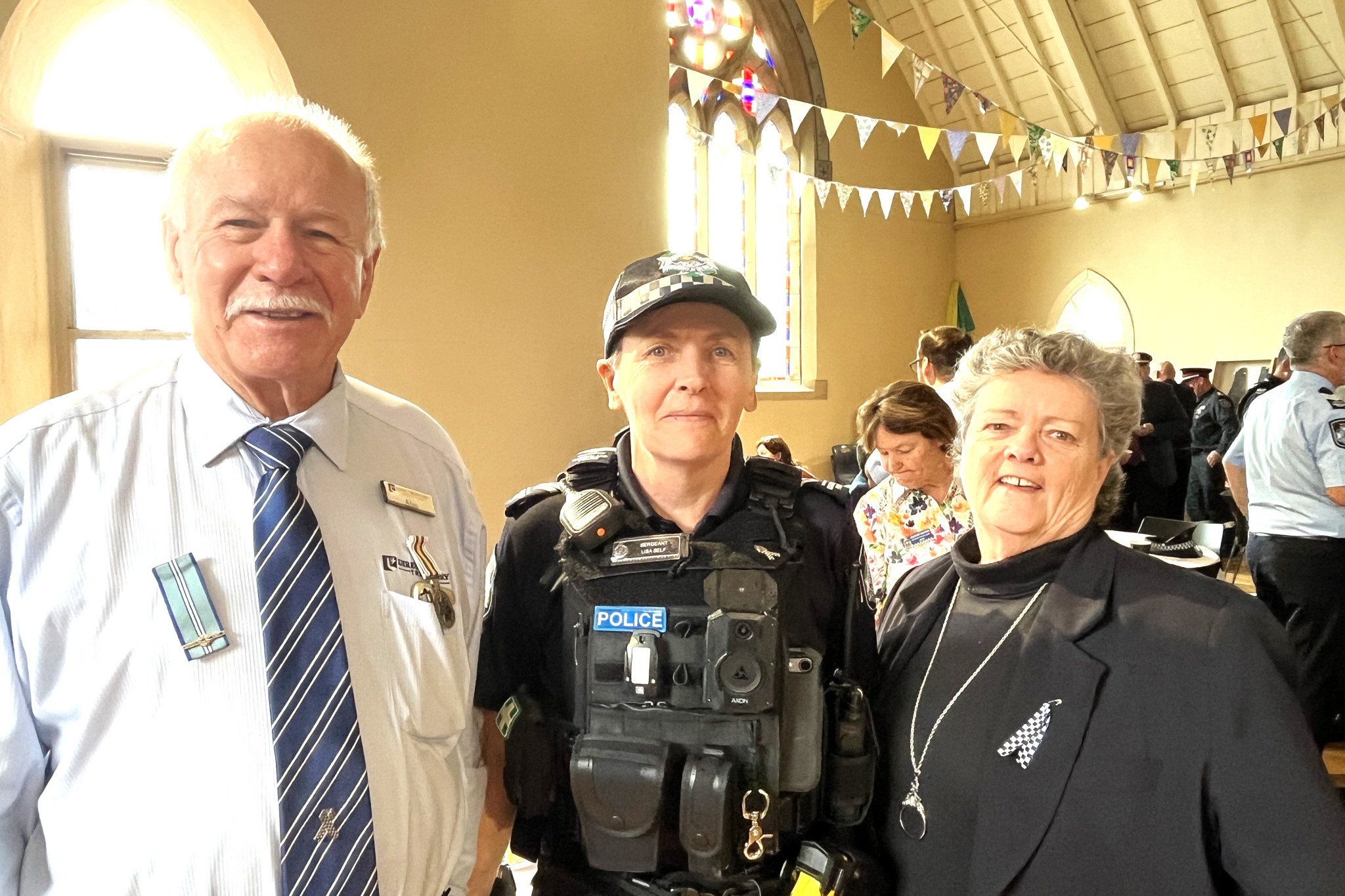 Retired Police Officer Alan Lutter, Sergeant Lisa Self and Deborah Wheeler at Warwick Police Memorial Day 2024, St Marys.