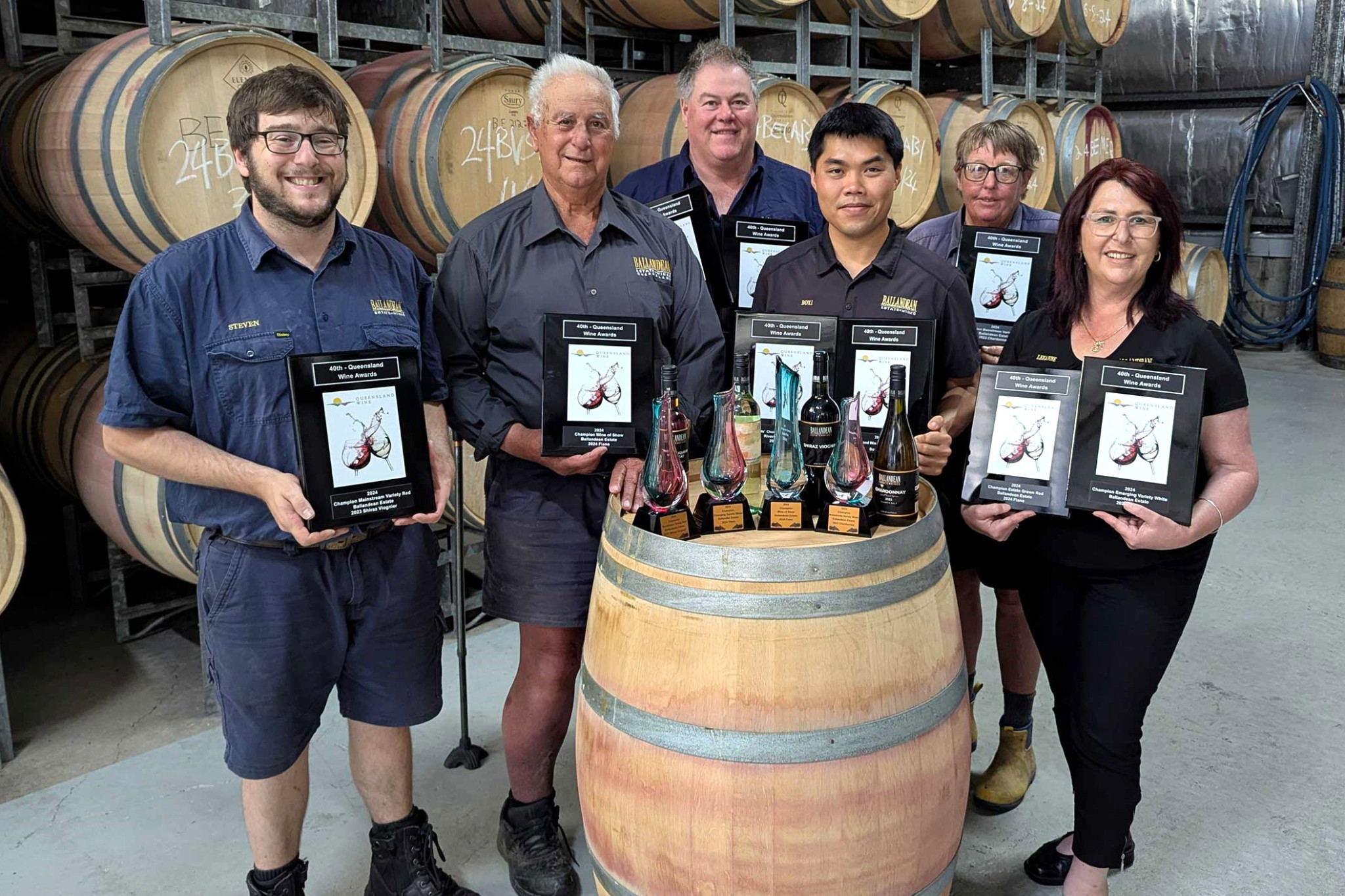 Ballandean Estate winners were (from left) Steven Gangemi, Angelo Puglisi, Mario Gangemi, Boxi Zhen, Robyn Roberston and Leeanne Puglisi-Gangemi.