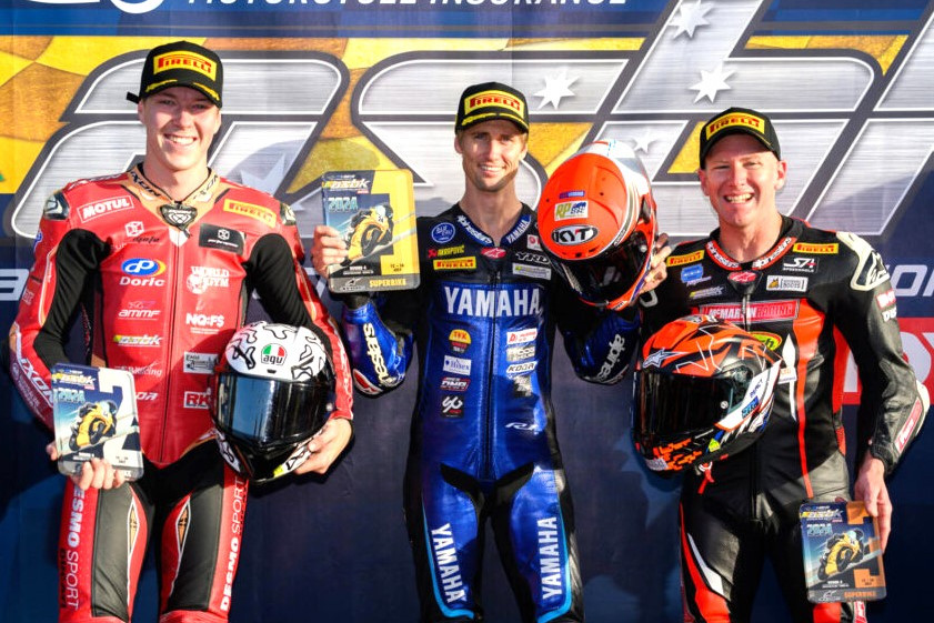 The Alpinestars Superbike Top-three (from left) Broc Pearson, Mike Jones and Josh Waters after a weekend of racing at Morgan Park. Photo RB MotoLens.